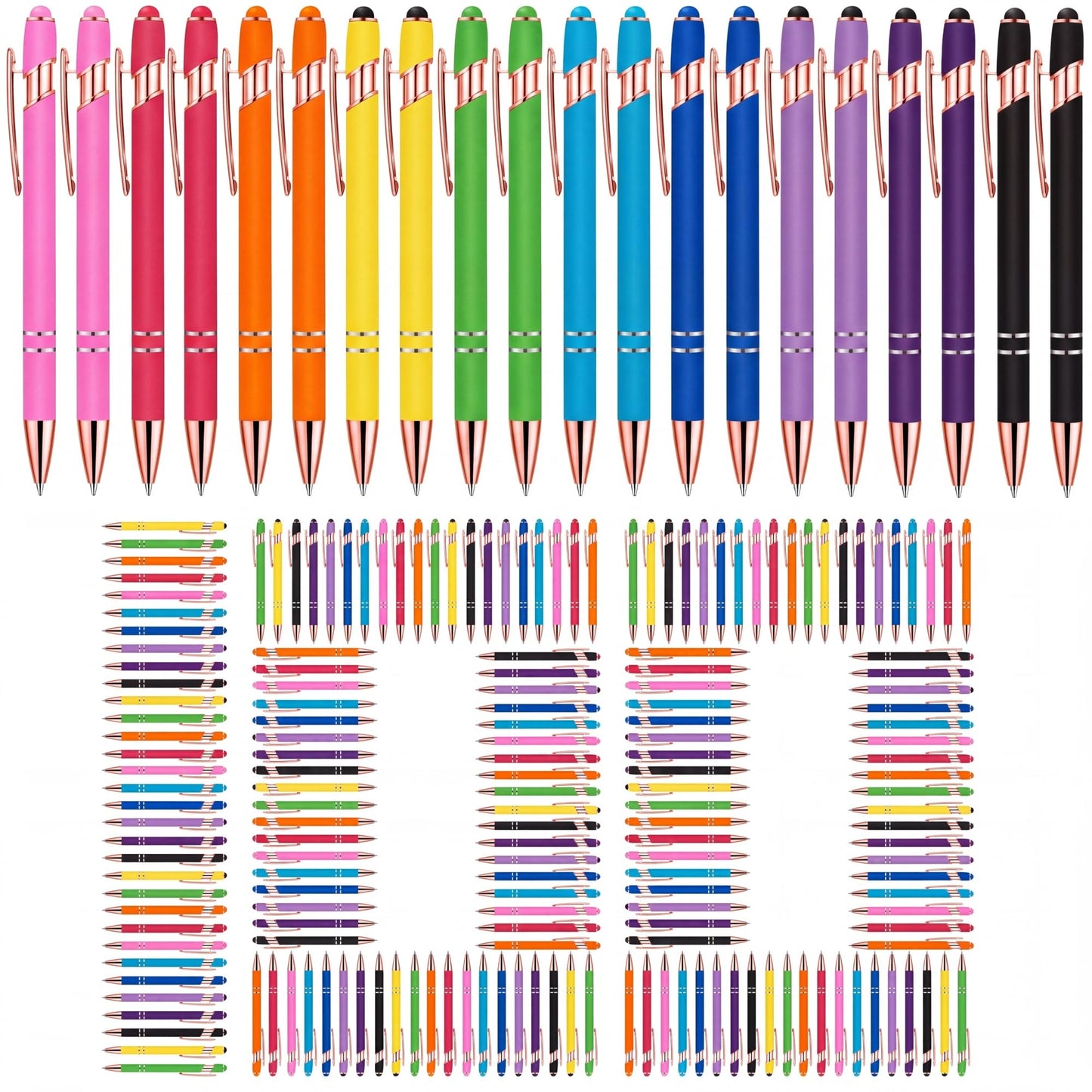 Yeaqee 100 Pieces Ballpoint Pen Bulk with Stylus Tip Click, Bright Colors