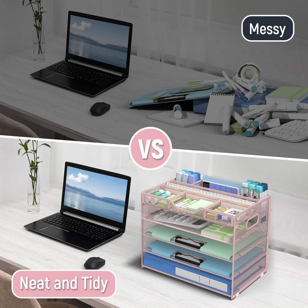 Docnest 5 Tier Mesh Desk Organizer with Removable Tray&Pen Holder, Pink