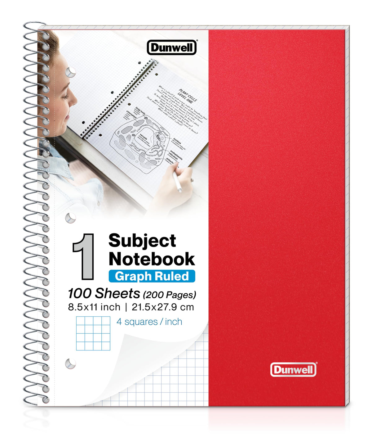 Dunwell Graph Paper Notebook 8.5 x 11 (Red) Plastic Cover, 100 Sheets (200 Pages), 4x4 Squares, 1