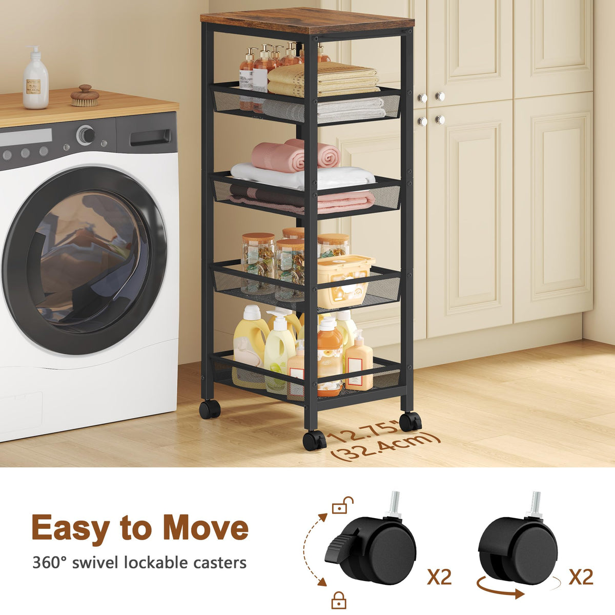 Hoctieon Rolling Storage Cart, 5-Tier 11.8" Wide Panel Kitchen Storage Cart, Utility Carts with