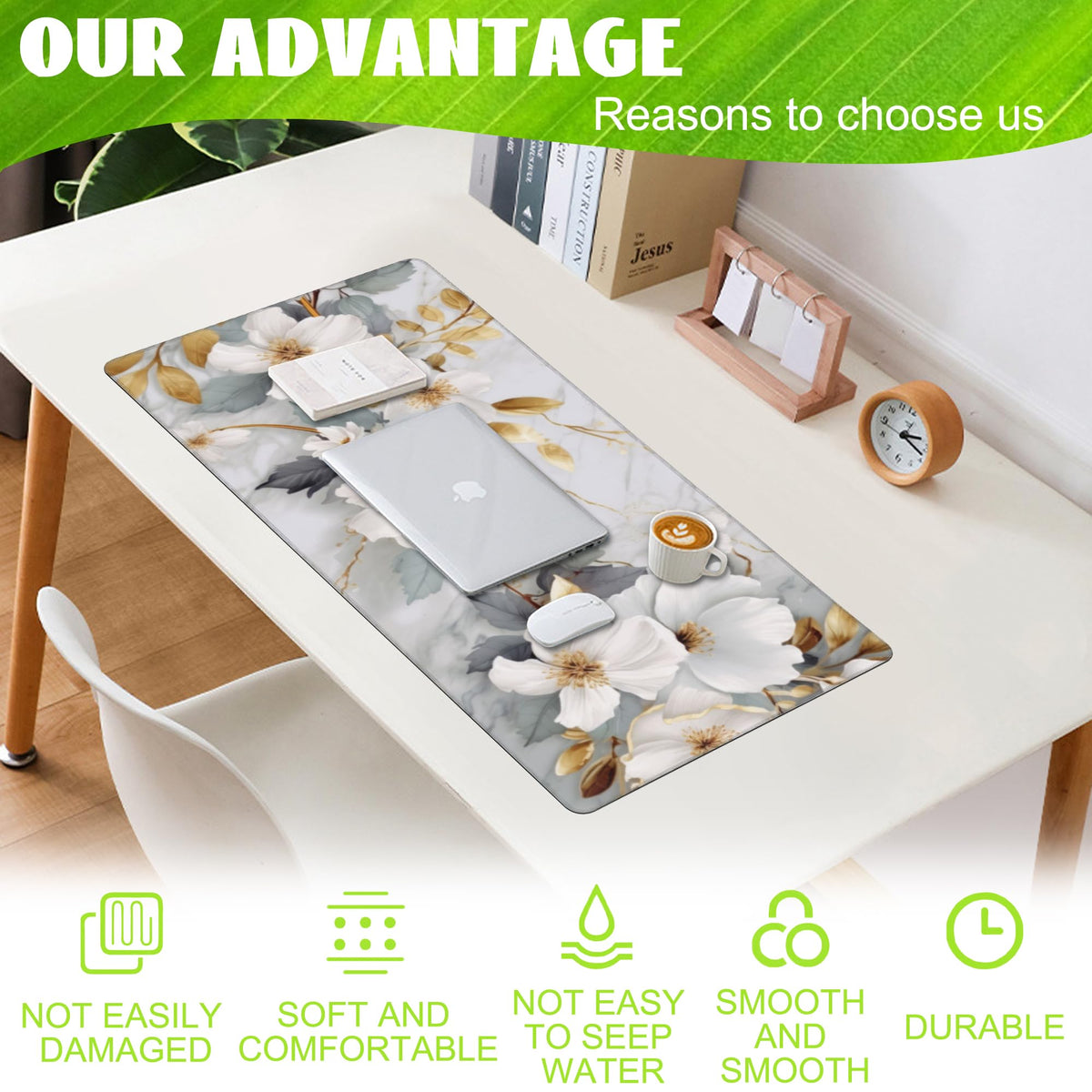 Eflxamz Desk Mat,White Gold Marble Desk Pad,White Flowers Golden Leaves Large Gaming Mouse Pad for