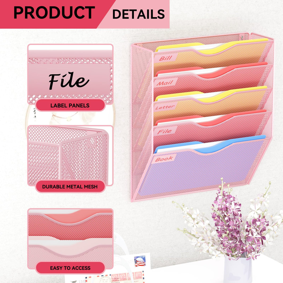 GDINDINFAN 5 Pockets Hanging Wall File Organizer Mail Holder, Wall Mounted Paper Document Folder