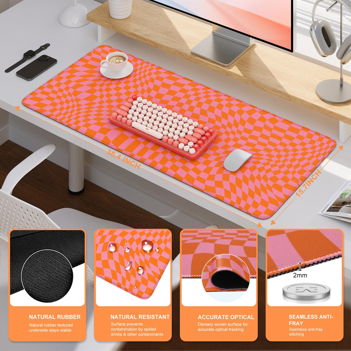 iCasso XXL Large Mouse Pad for Desk, Orange Checkered