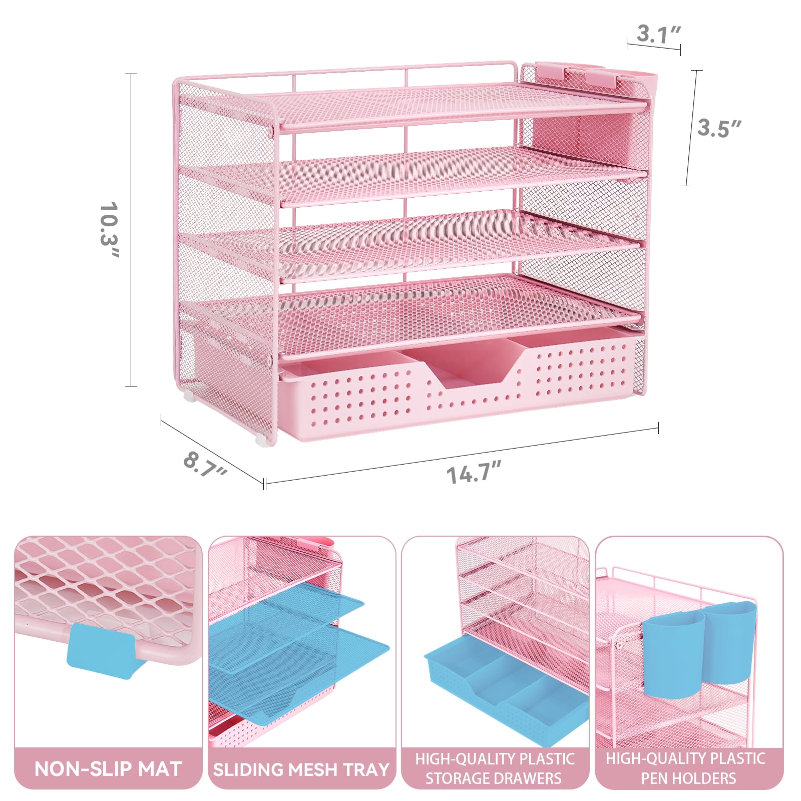 LEKETREE Desk Organizers and Accessories, 5-Tier Paper Letter Tray Organizer with Drawer & 2 Pen