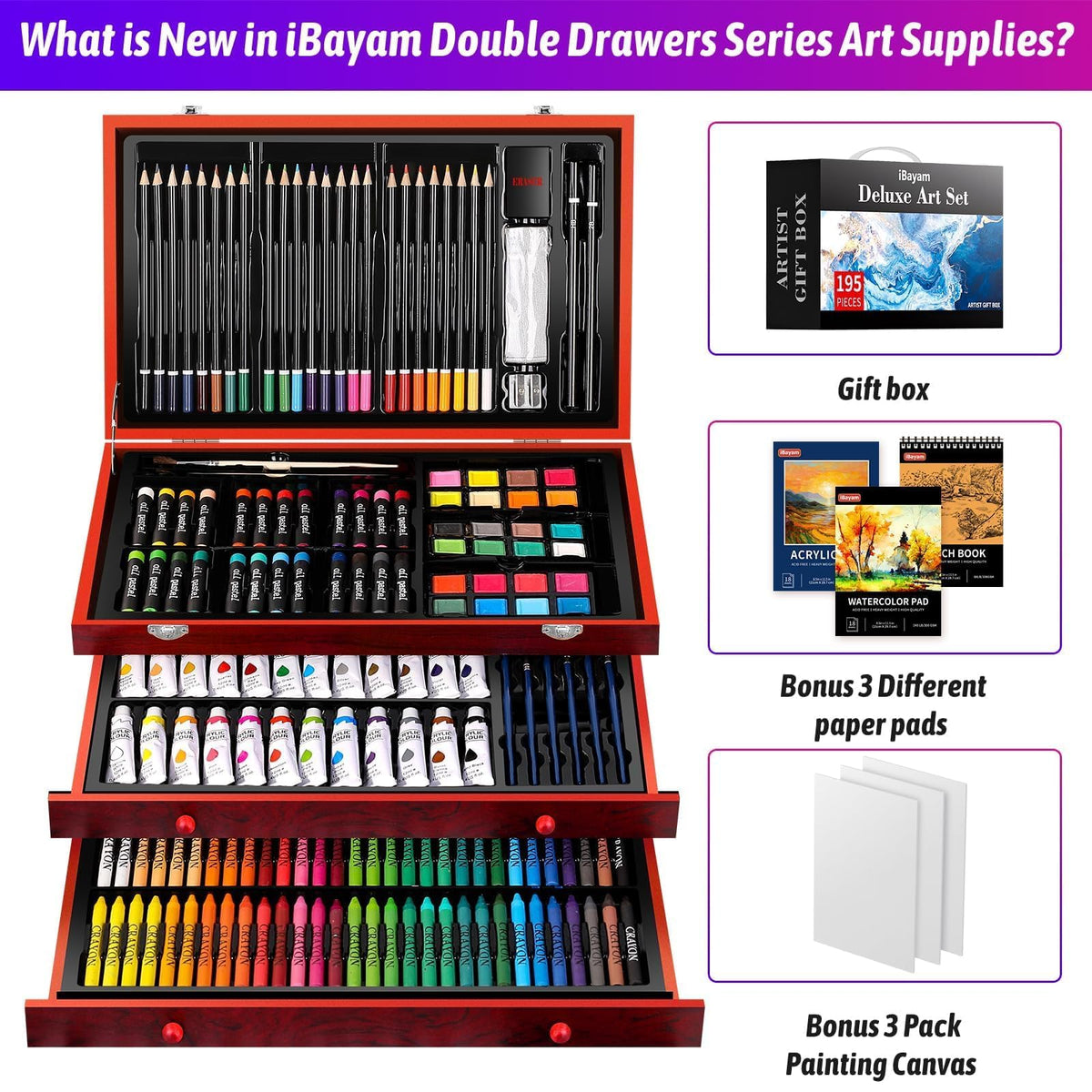 iBayam Art Supplies, 195-Pack Deluxe Drawing Painting Kit, 3 Sketchbook Set