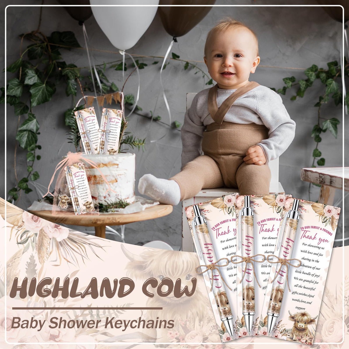 EYNDYN 289 Pieces Highland Cow Baby Shower Favors for Guest Party Ballpoint Pens and Keychains