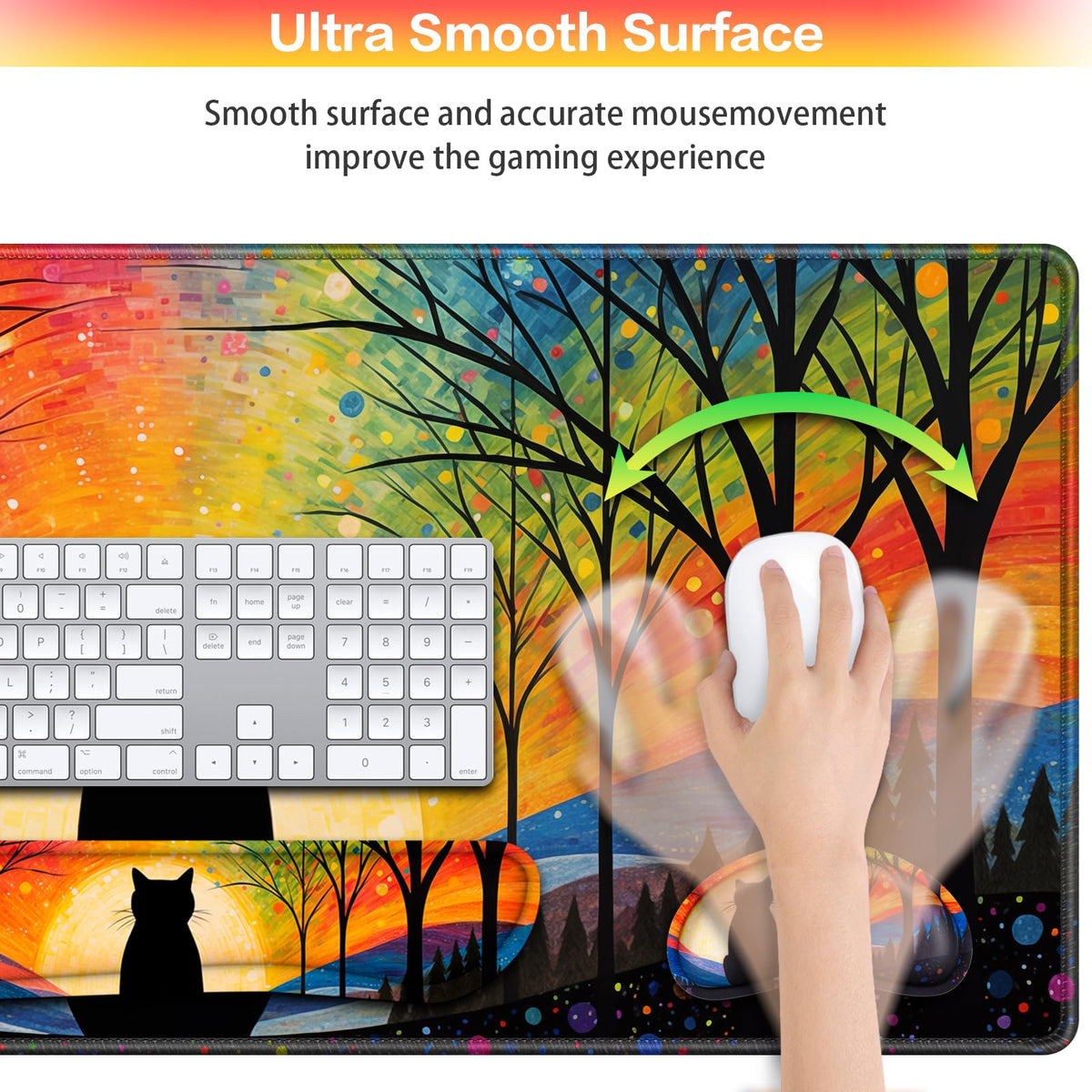 Mouse Pad with Wrist Rest Black Cat, 4-in-1 Large Mousepad Keyboard