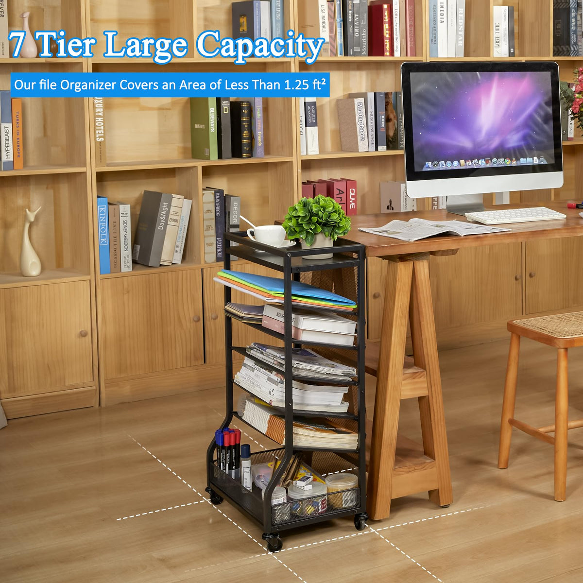 ThreeHio 7 Tier Rolling File Cart with Sliding Trays, Wood Metal File Organizer Beside Desk