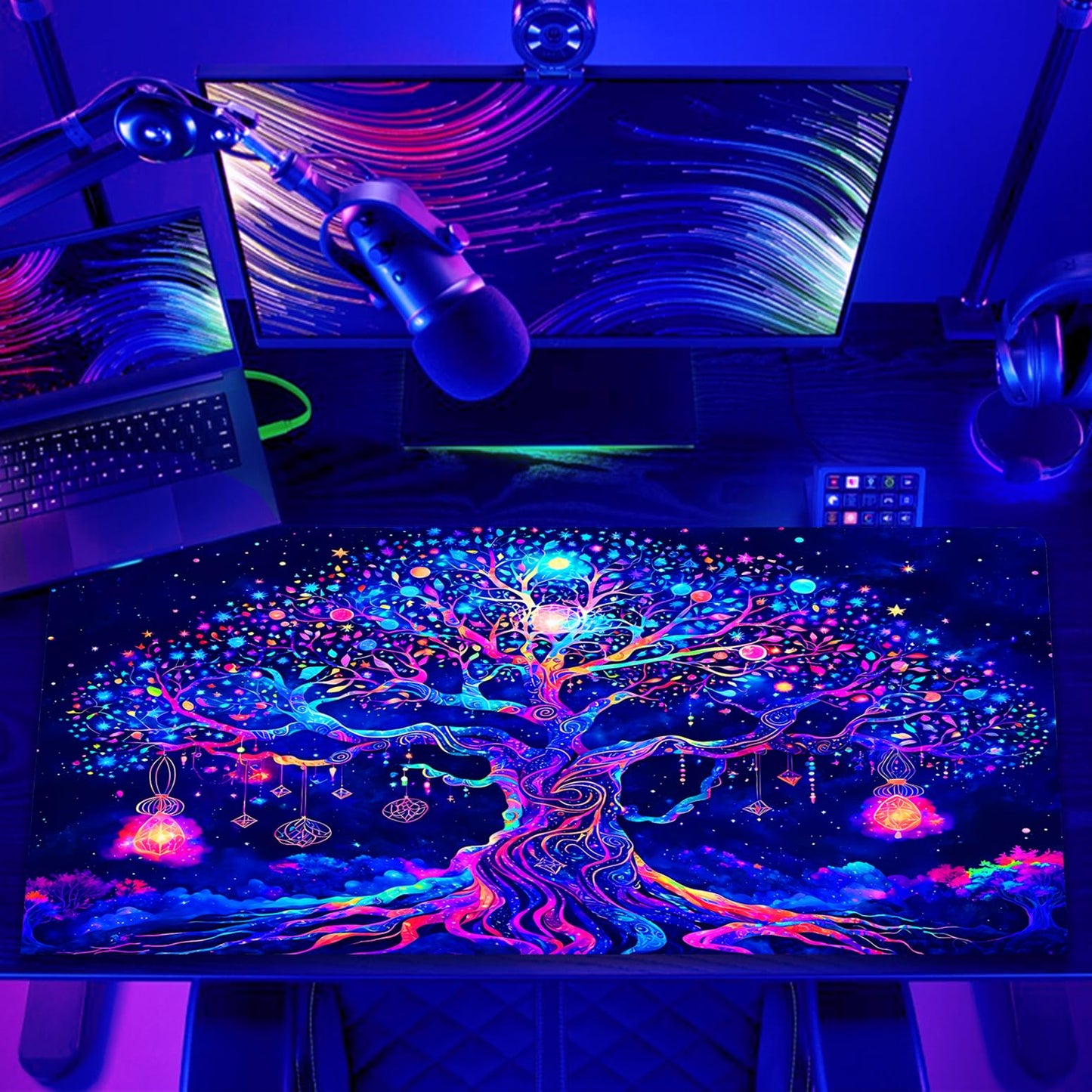 Manicer Colorful Tree of Life Mouse Pad, Blacklight Gaming Extended Large Desk Pad, UV Reactive
