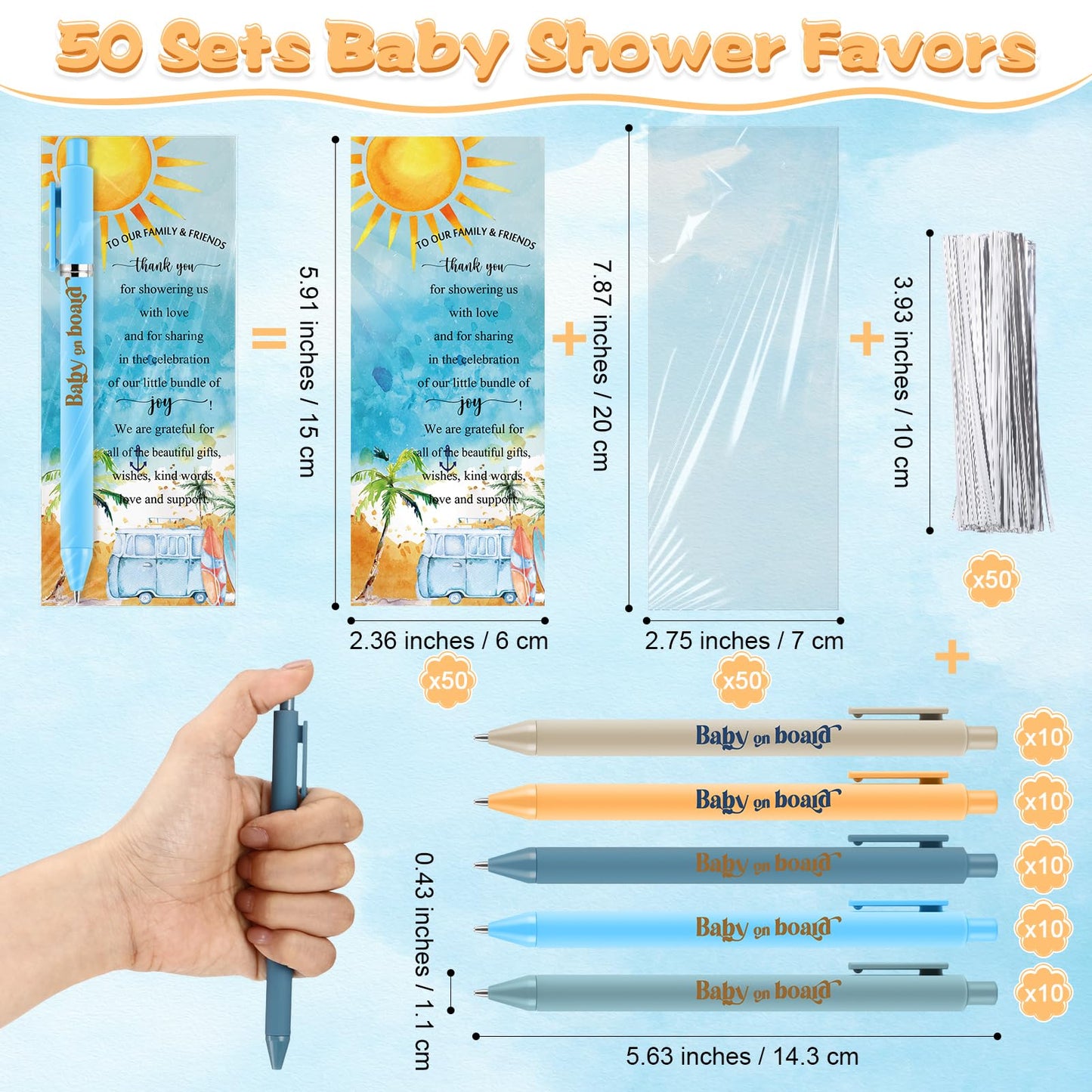 Engrowtic 50 Set Baby on Board Baby Shower Gifts Pens for Guests Funny Summer Beach Surfboard Party