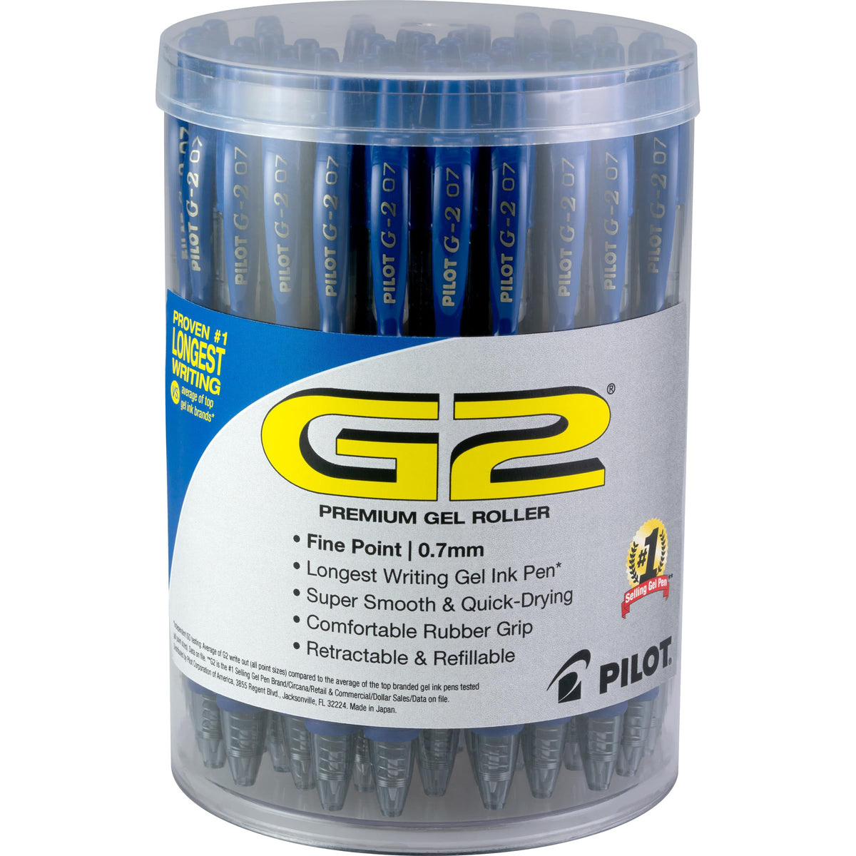 Pilot G2 Premium Gel Pens, Blue Pens, Fine Point 0.7 mm, Tub of 48