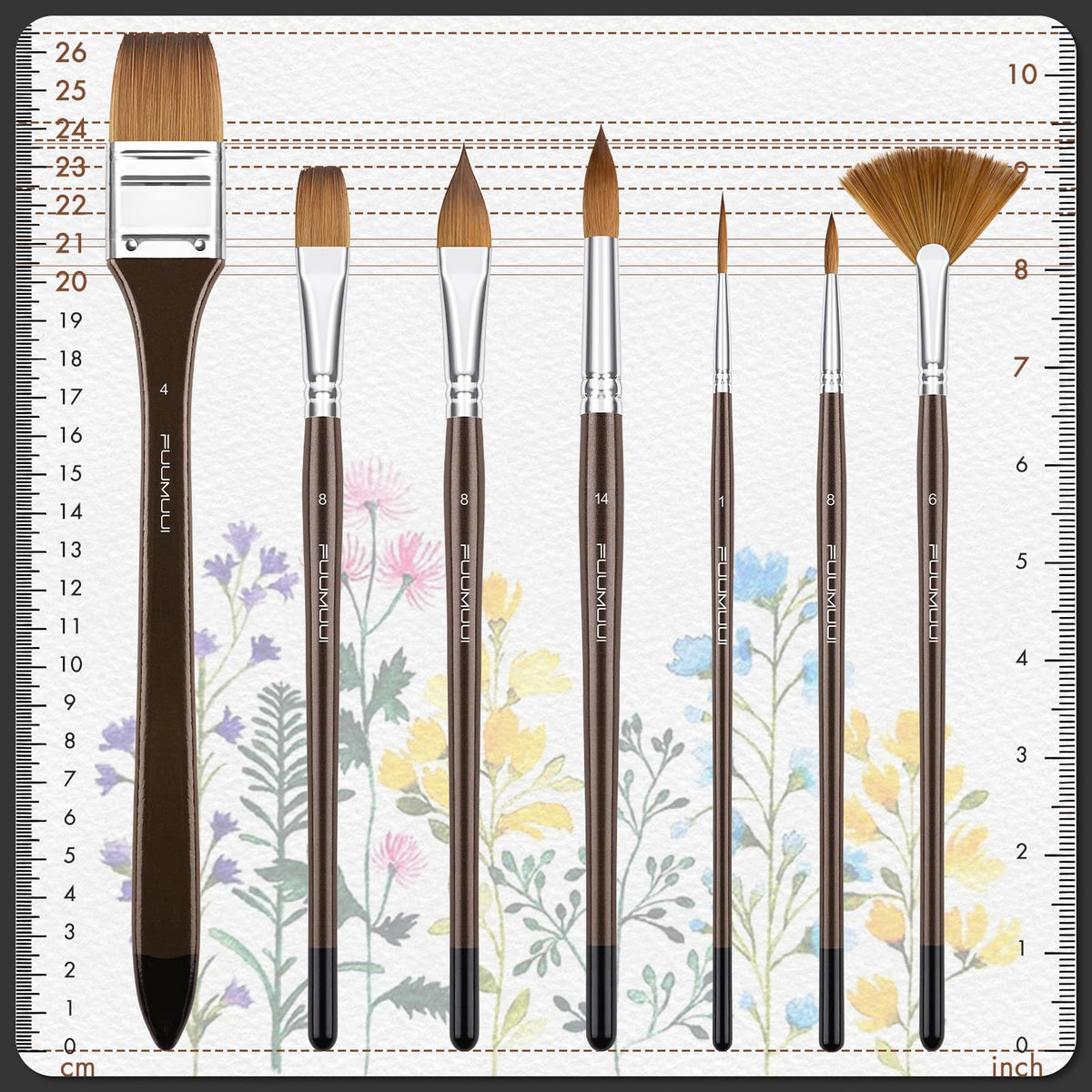 Sable Watercolor Brushes Professional, Fuumuui 7Pcs Sable Brush Set Variety Shapes with Flat, Round