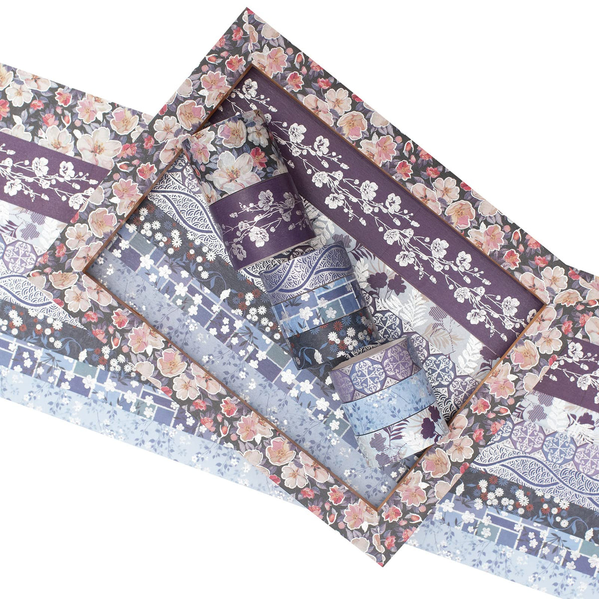 YUBX Elegance Blue Washi Tape Set 8 Rolls Wide Silver Embellishment Decorative Masking Tapes for