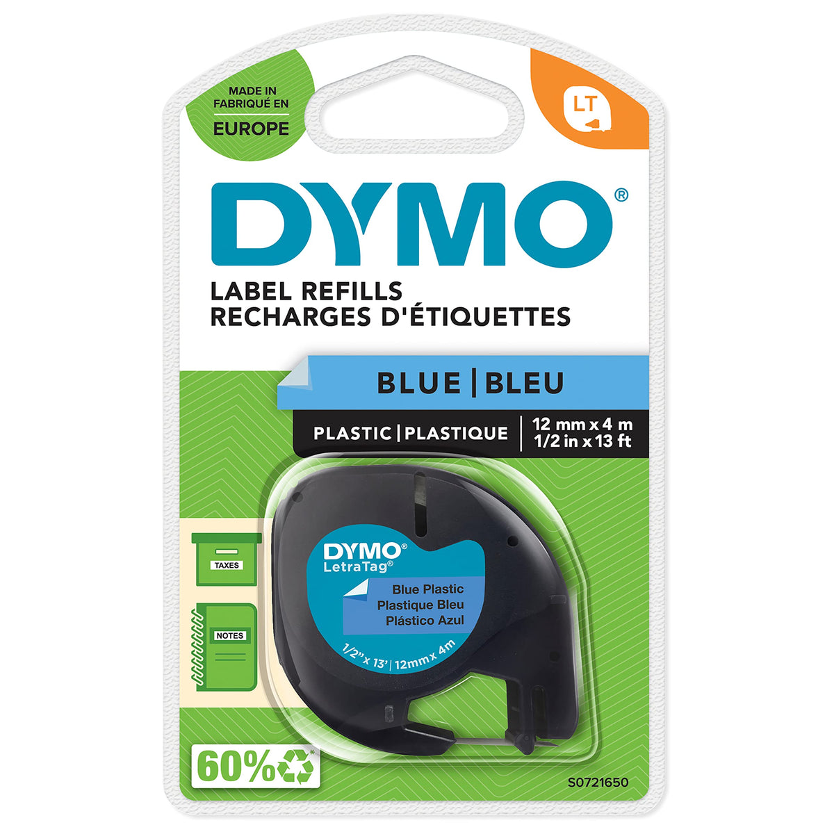 DYMO Authentic LT Plastic Labels | 12mm x 4m Roll | Black Print on Blue Labels | for LetraTag Label