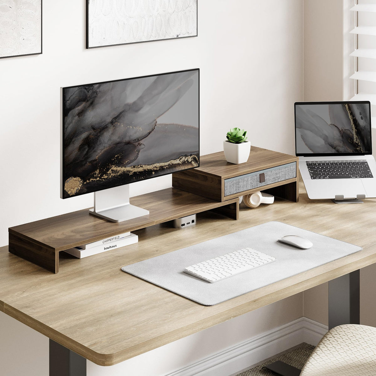 Fenge Triple Monitor Stand with Storage Drawer, Adjustable Length and Angle