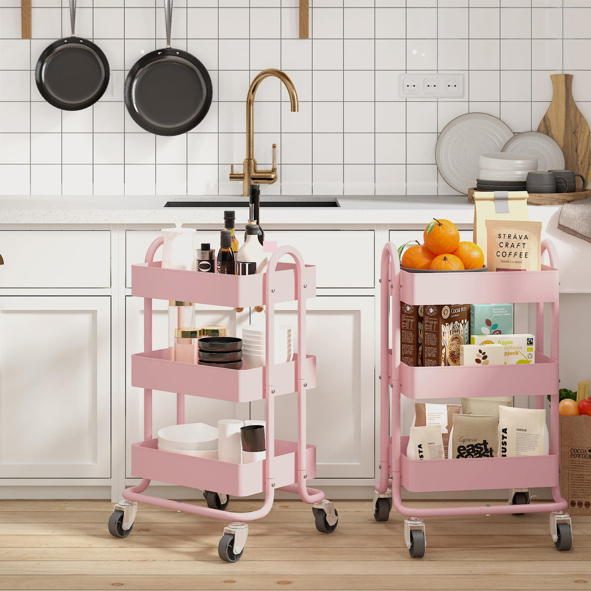 Elitehouse Metal Rolling Cart,3-Tier Pink Rolling Cart with Wheels,Metal Utility Cart with Wheels