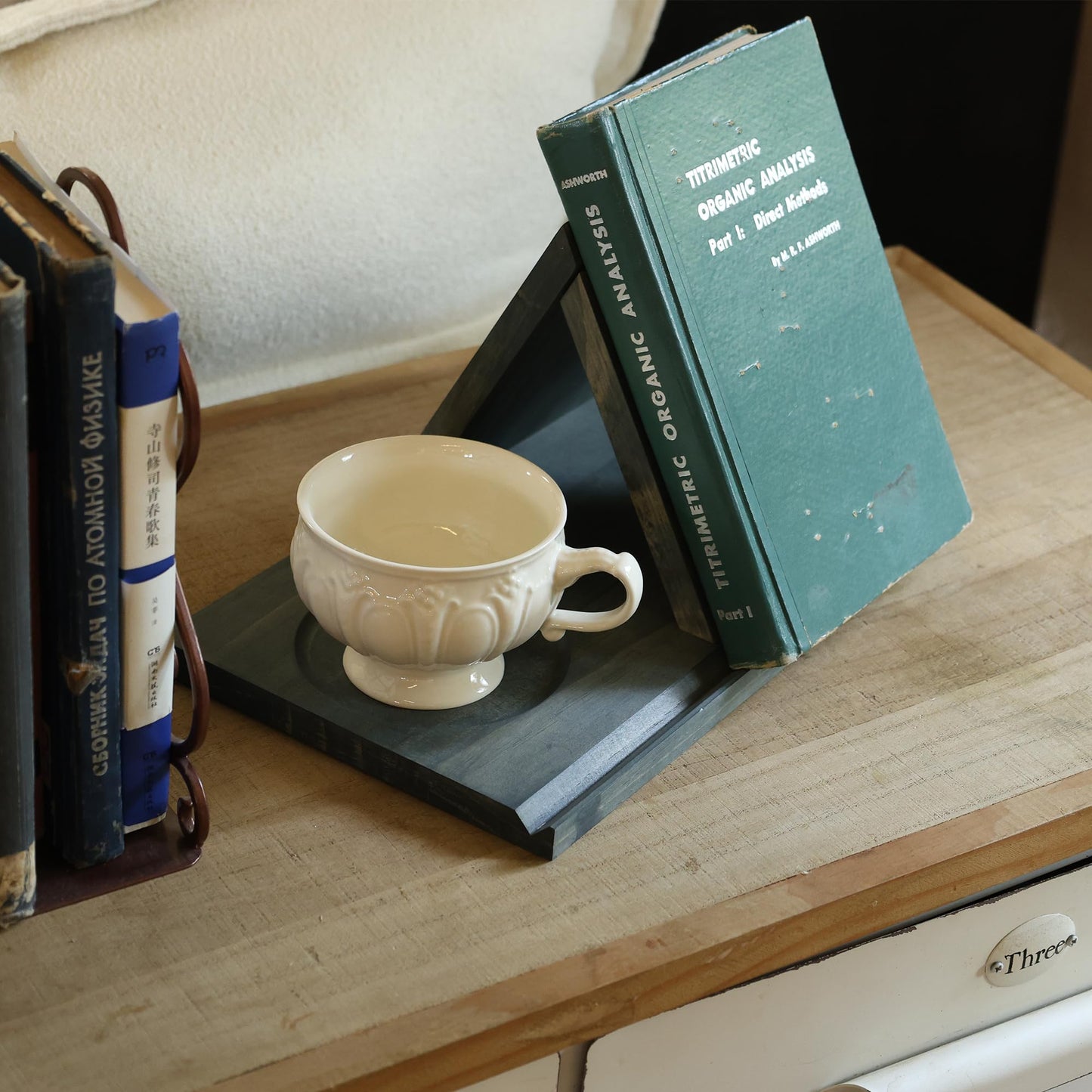 LITIVY Wooden Book Holder with Drink Holder, Wooden Triangle Bookmark Reading Rest with Slotted