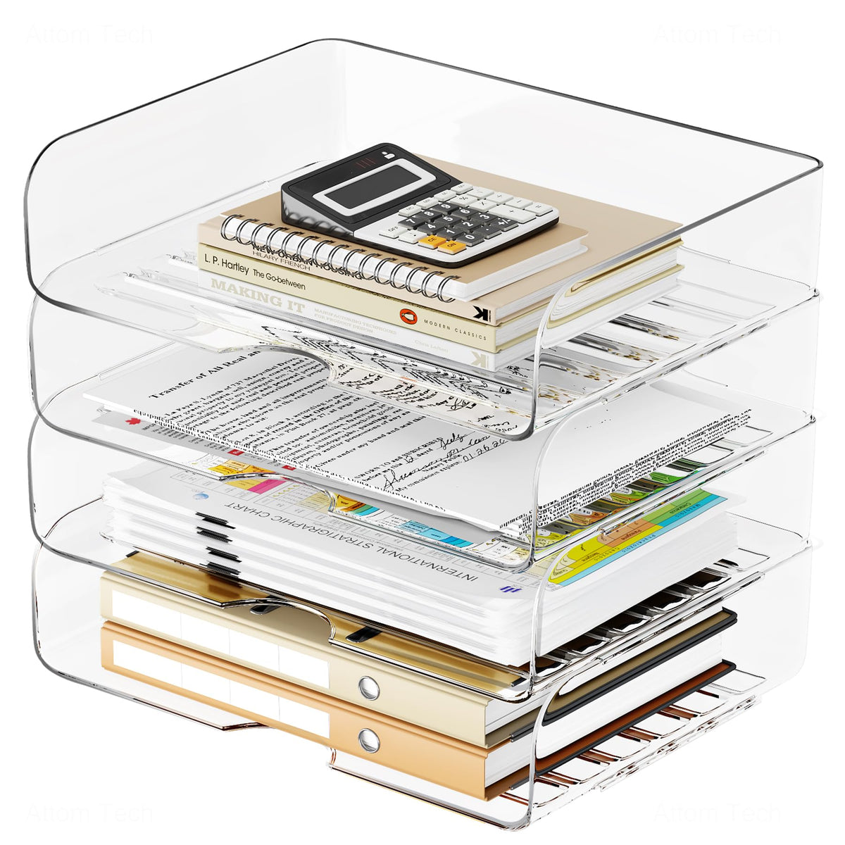 Tomorotec 4 Pack Clear Stackable Letter Tray, A4 Desk File Organizer Set