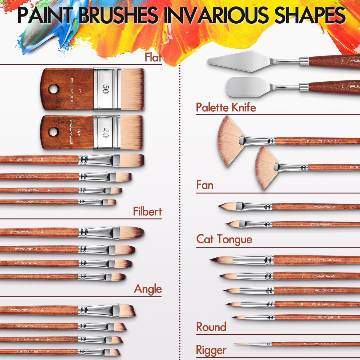 26pcs Paint Brush Set, Fuumuui Professional Acrylic Paint Brushes Complete Range of Sizes with