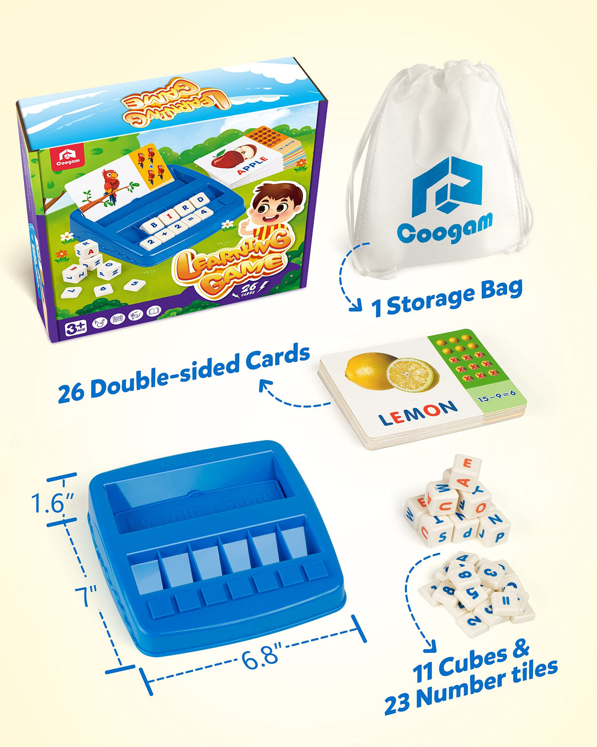 Coogam Matching Letter Game, Alphabet Spelling Reading Flash Cards, Math Number Words Puzzle