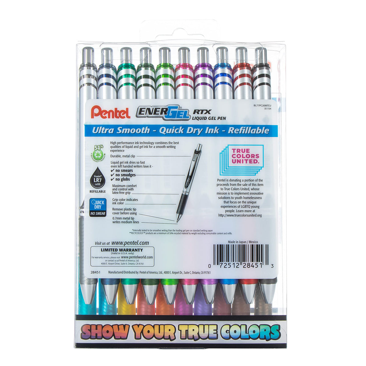 Pentel EnerGel RTX True Colors United 0.7mm Medium Line, 20 Assorted ink Colors, Pack of 20 pens