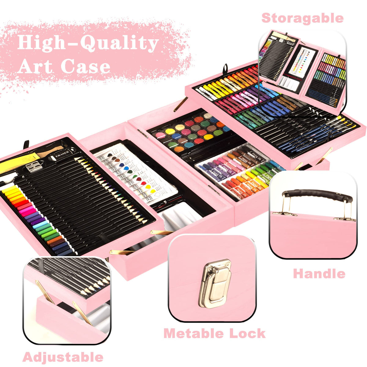 KINSPORY 168 Pack Wooden Art Set, Deluxe Painting Drawing Kit with 3 Coloring Books, Oil Pastels
