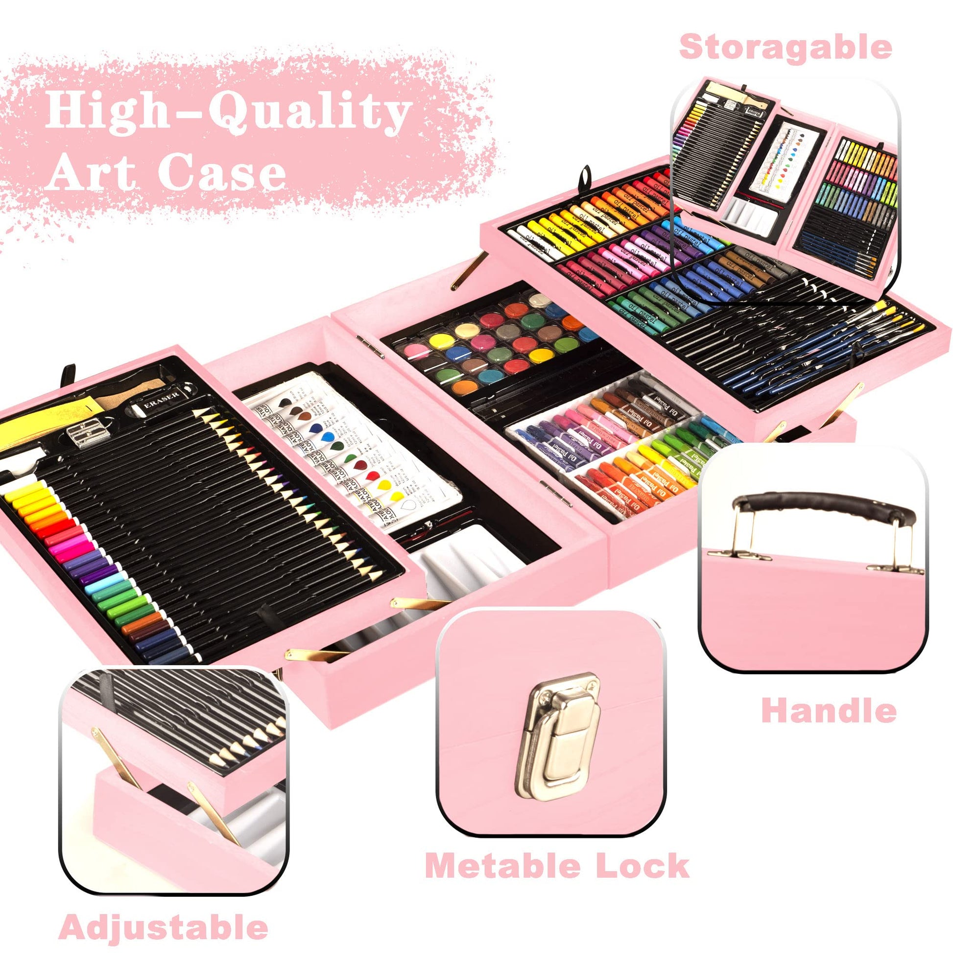 KINSPORY 168 Pack Wooden Art Set, Deluxe Painting Drawing Kit with 3 Coloring Books, Oil Pastels