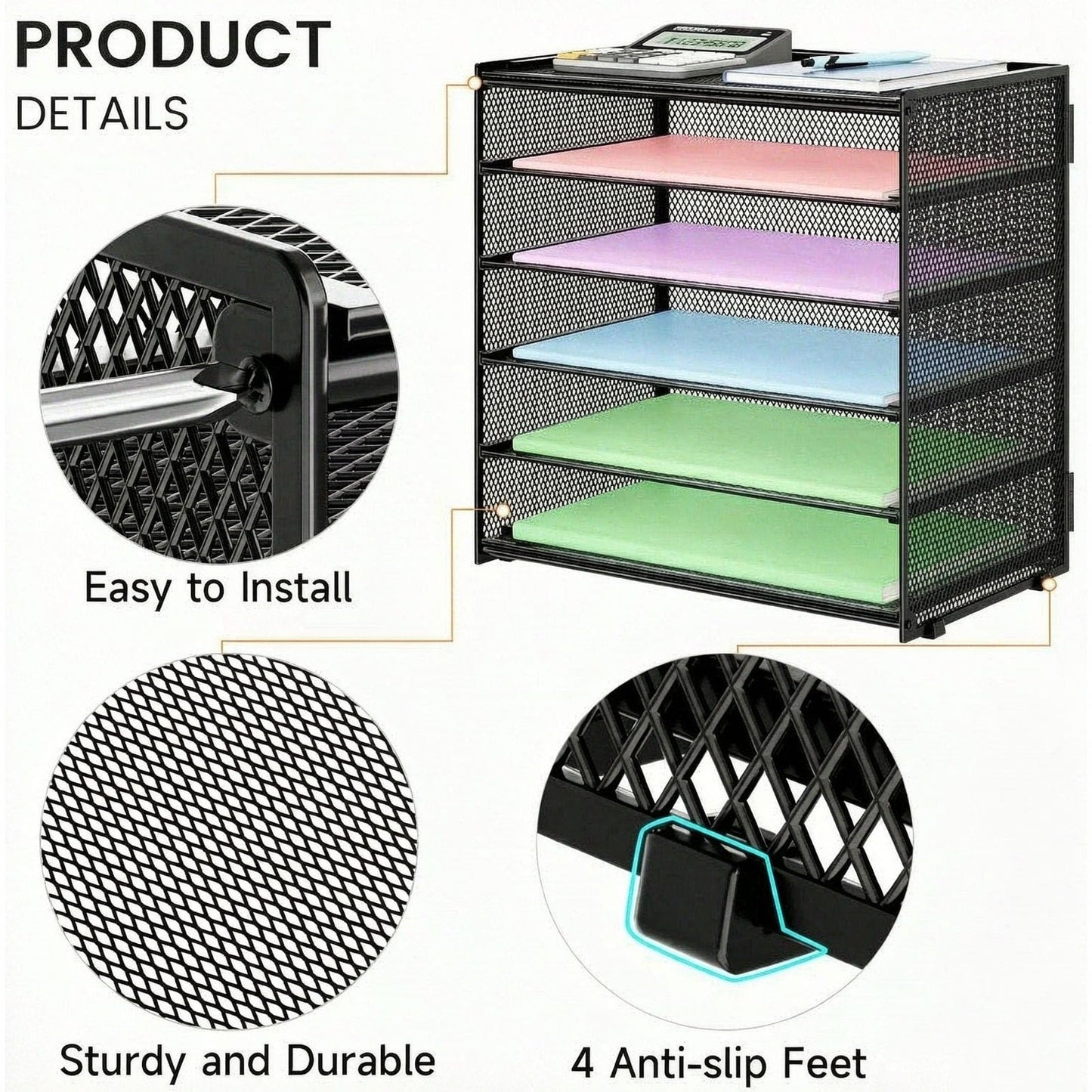 6 Tier Paper Organizer with Handle for Desk,Black with Closed top