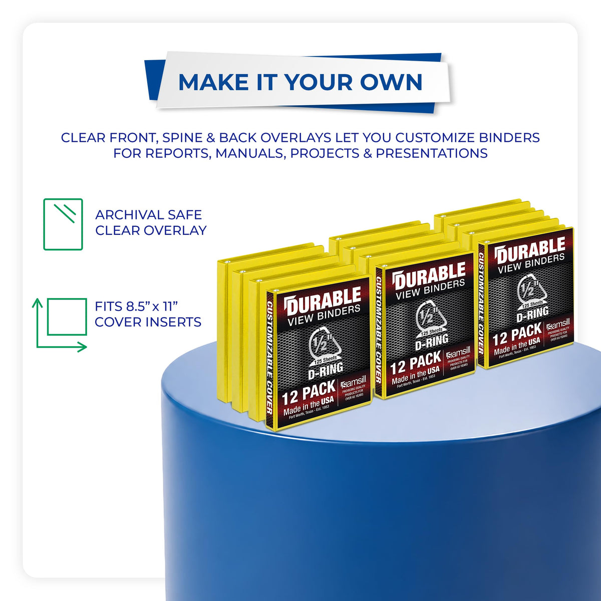 Samsill Durable 0.5 inch 3 Ring Binder, D Ring Binder, 100% Recycled Chipboard, Yellow, 12 Pack