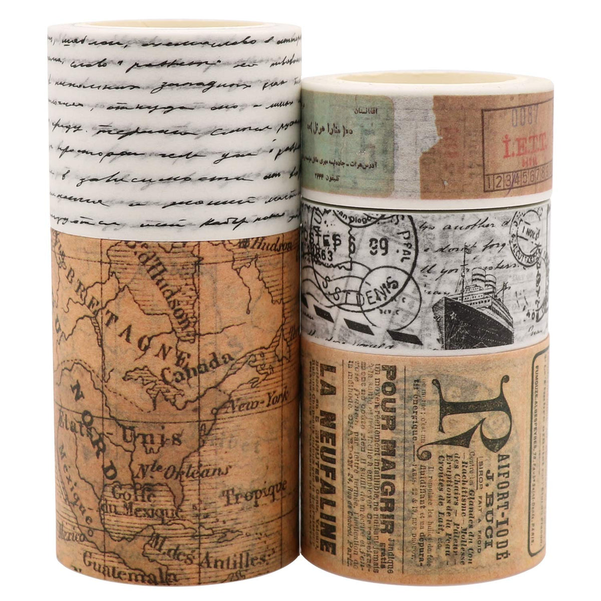 Knaid Vintage Washi Tape Set, Assorted 5 Rolls of Decorative Colored Masking Tapes for