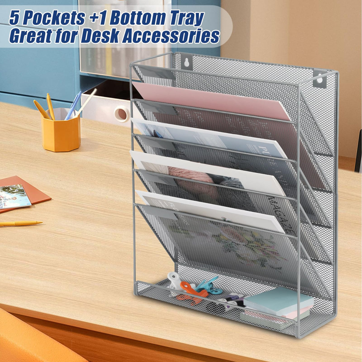 EASEPRES Desk File Organizer Mesh 6-Tier, Hanging Wall Mount Document Organization Stand, Desktop