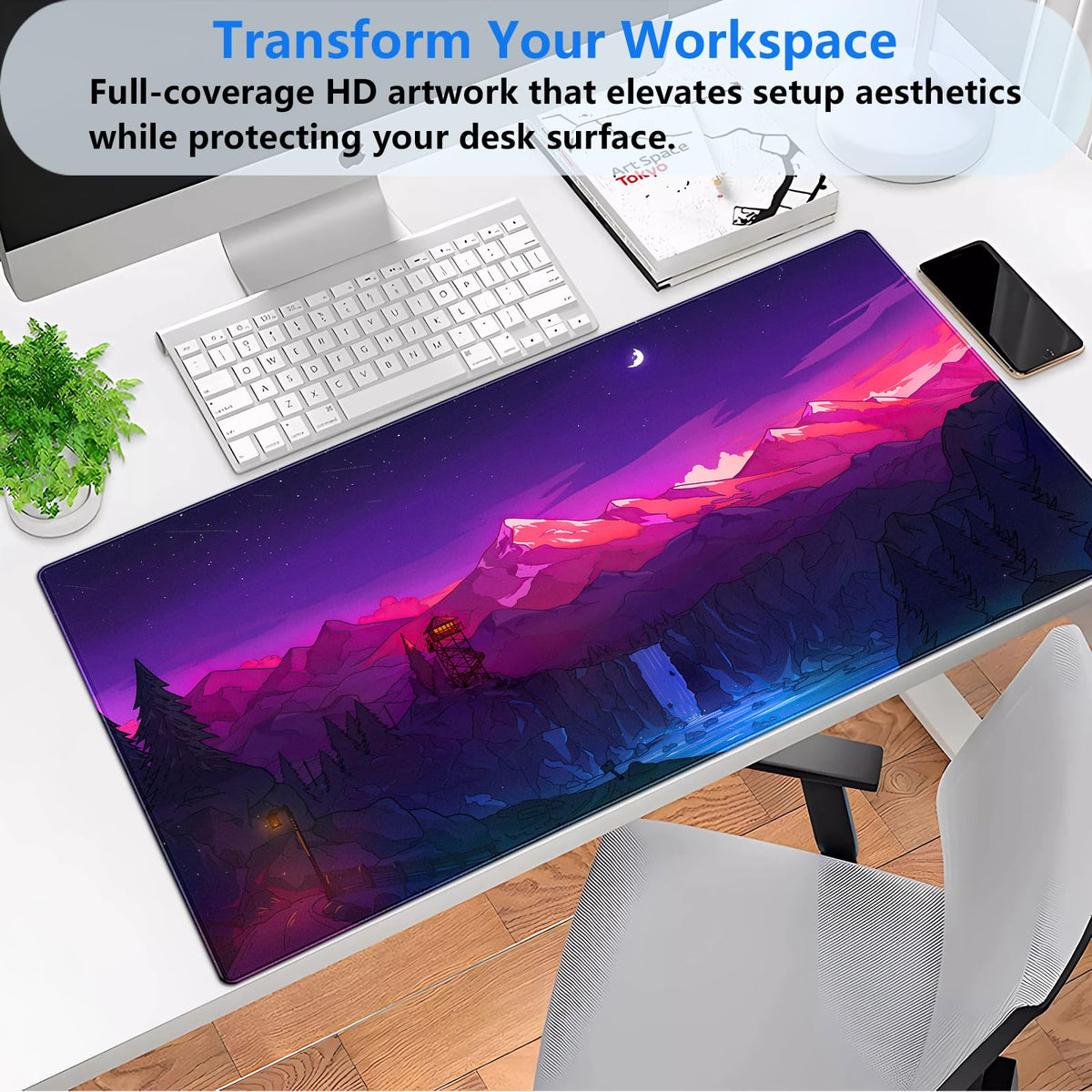 Purple Mountain Desk Mat, Night Sky Large Gaming Mouse Pad 31.5x15.7 in