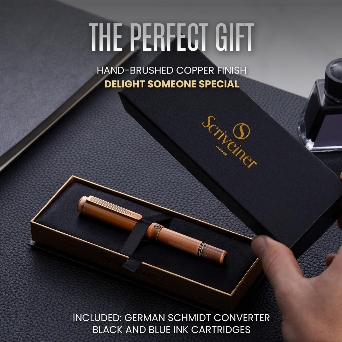 Scriveiner Luxury EDC Fountain Pen (Medium), Stunning Heavy Brass Pocket Pen, Hand Brushed Copper