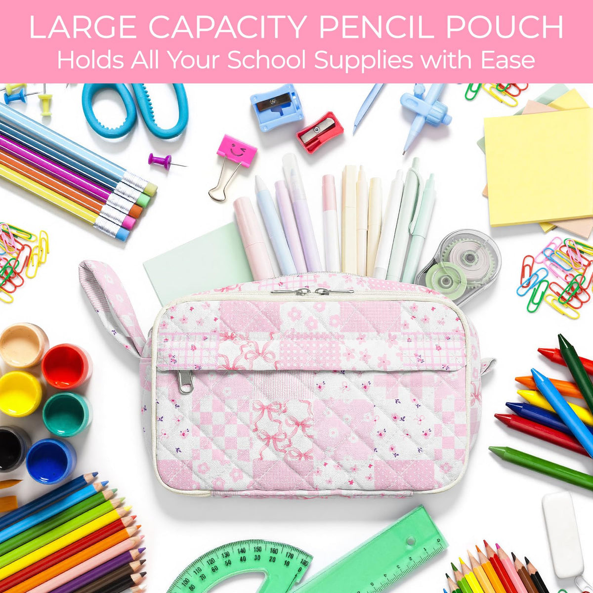 WOBAGMEN Quilted Pencil Pouch for Girls Women, Large Pencil Case Pouch with Compartments Cute