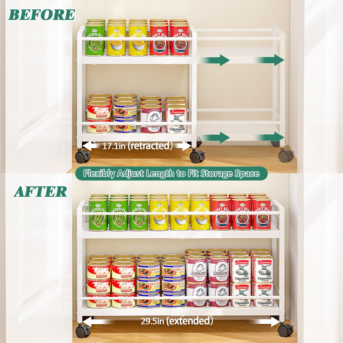 2-Tier Expandable Rolling Pantry Cart with Wheels, Adjustable Floor Organizer for Kitchen Pantry