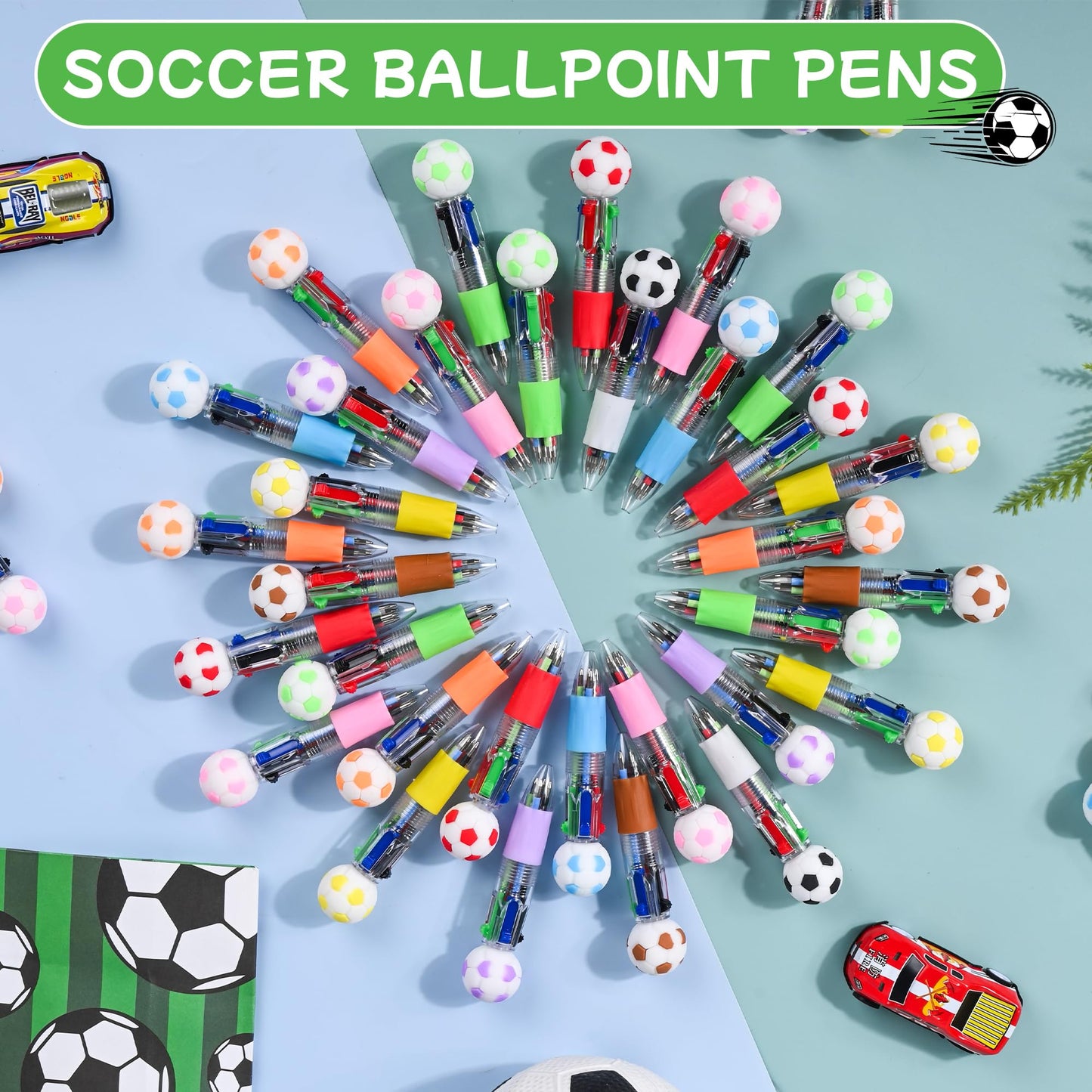 LiYiQ 100 Pcs Soccer Party Favor Multicolor Pen in One Cartoon Cute Fun 4-in-1 Cute Pens Bulk