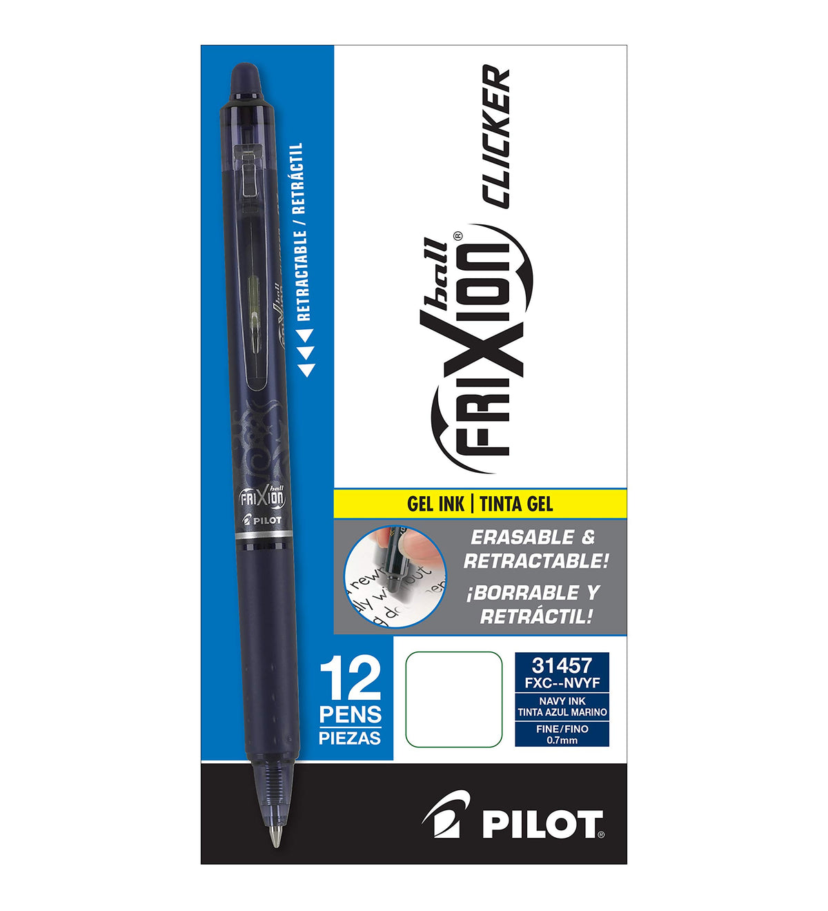 PILOT FriXion Clicker Erasable Gel Ink Pens, Fine Point 0.7mm, Navy, 12Pk
