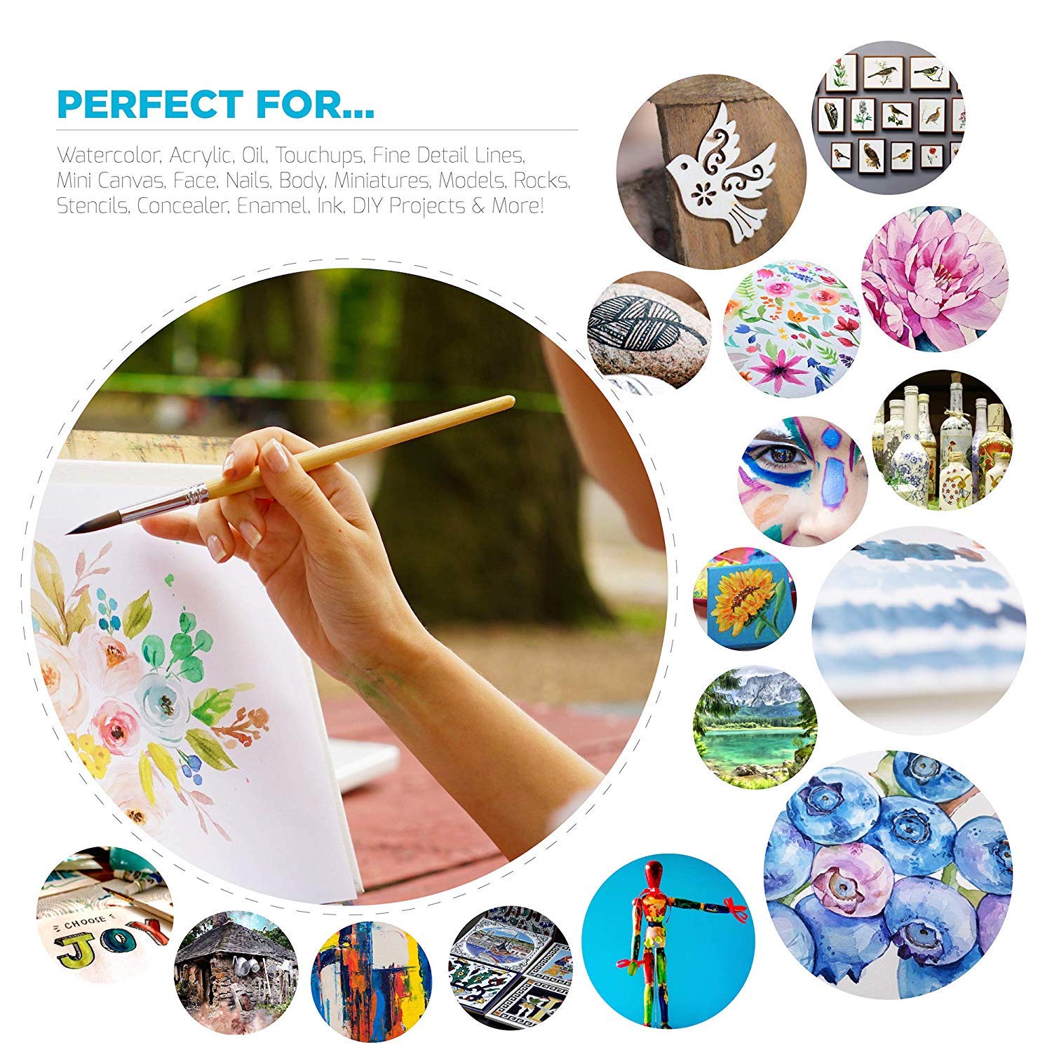 Dynamic Distraction Watercolor Brushes for Painting - Round Water Color Paint Brush Set of 9
