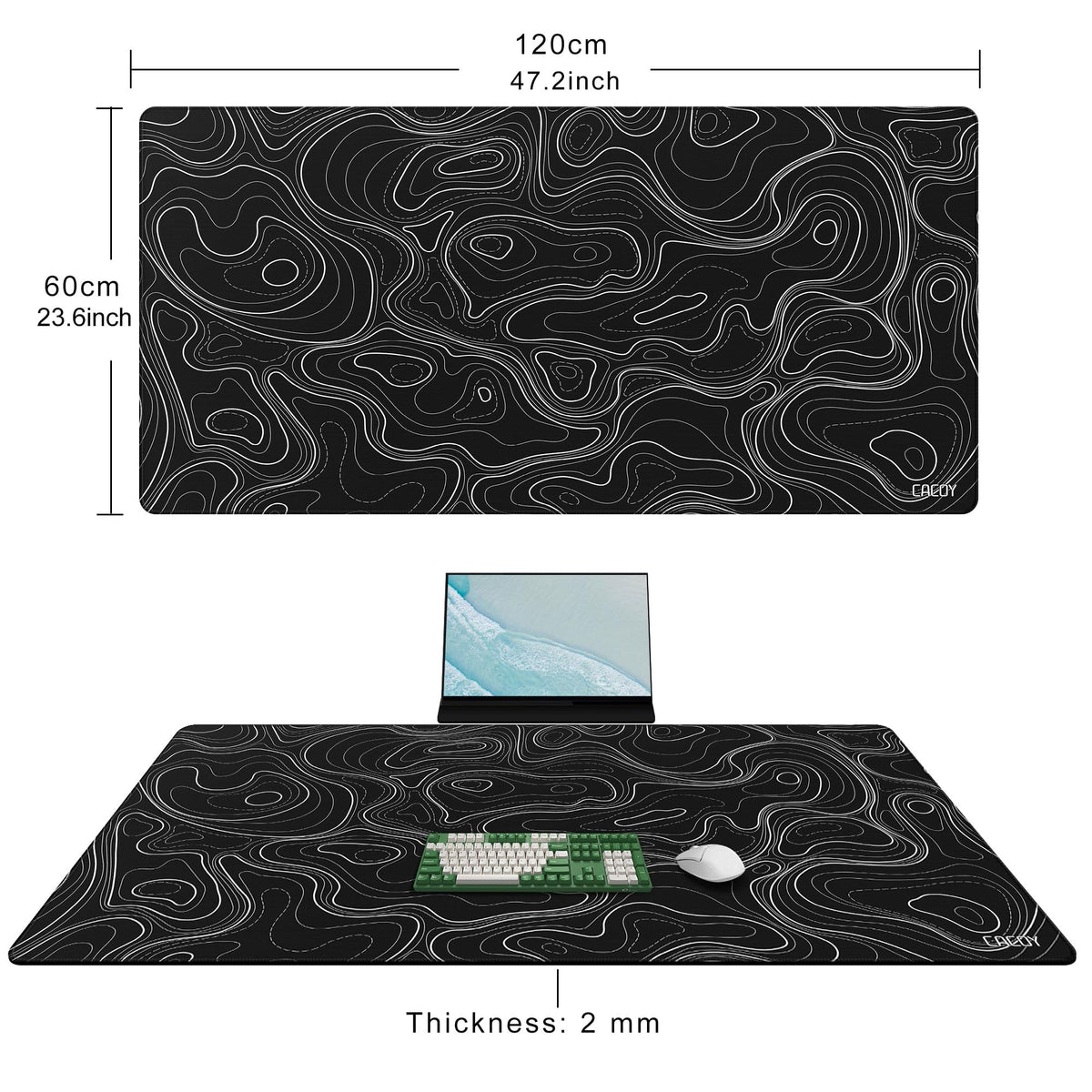 Cacoy 48" x 24" Black Topographic Gaming Mouse Pad, Non-Slip Large Desk Mat