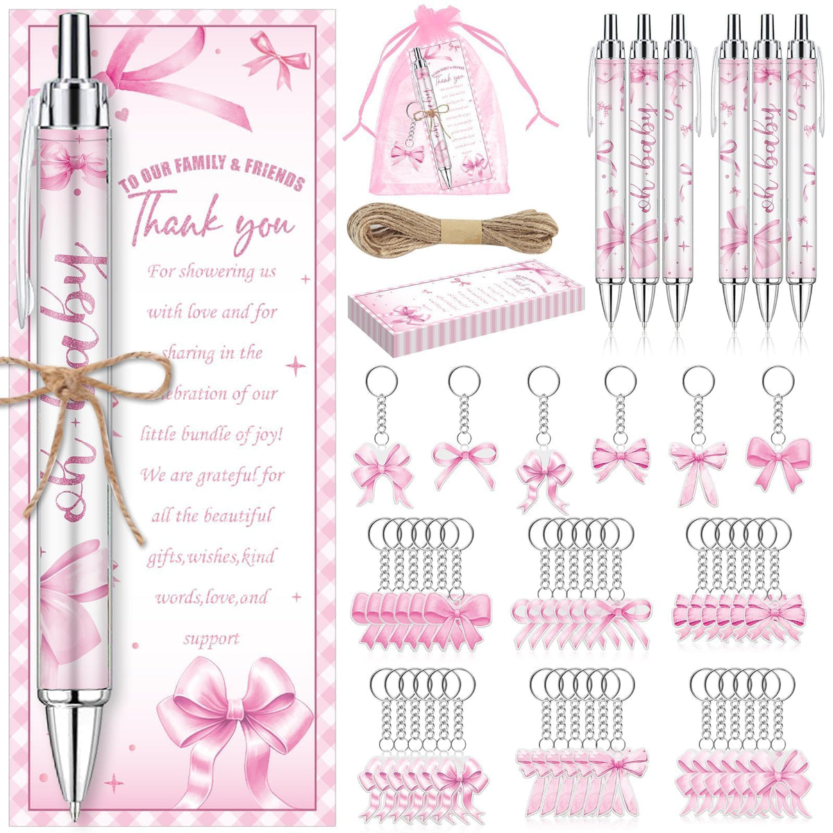 EYNDYN 145 Pieces Pink Bow Baby Shower Favors for Guest Bow Coquette Ballpoint Pens and Keychains