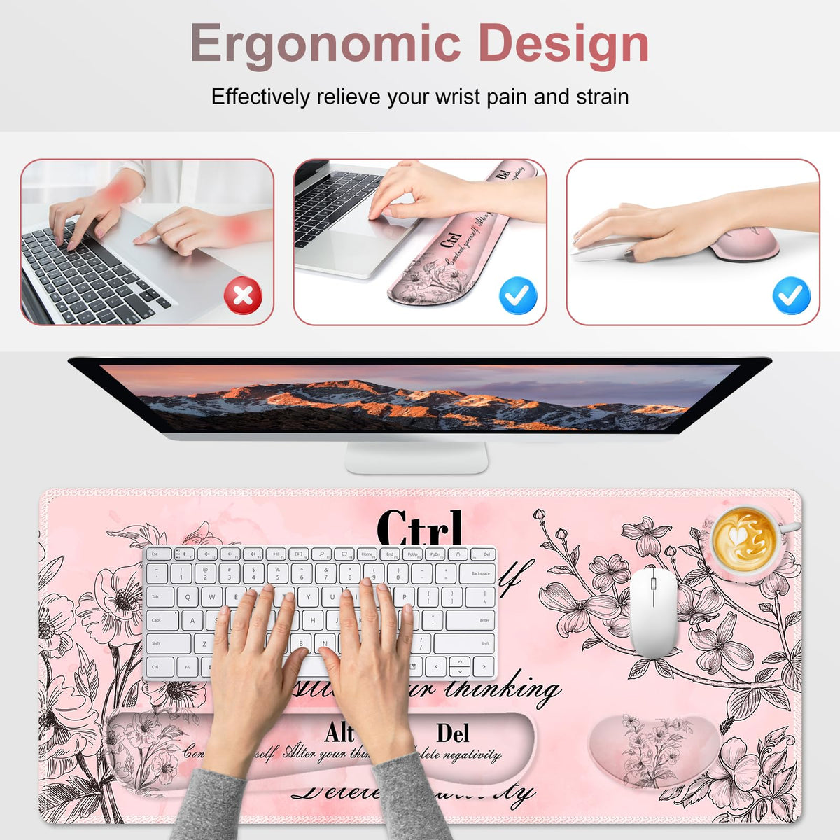 NXZGO Large Gaming Mouse Pad Pink Floral, Ergonomics Keyboard Desk Mat with Wrist Rest, Cute