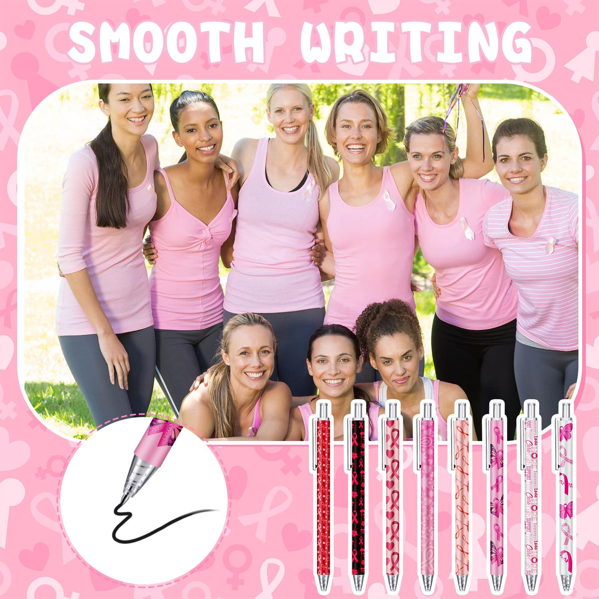 Leinuosen 120 Pcs Breast Cancer Awareness Pens Ribbon Ballpoint Pens