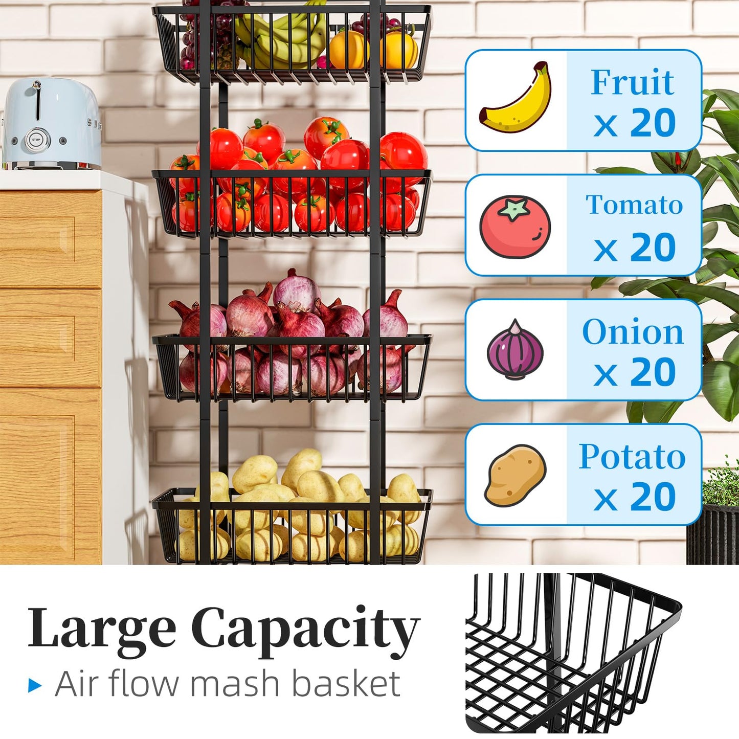 Simple Trending 4 Tier Rolling Fruit Vegetable Basket Cart, Black
