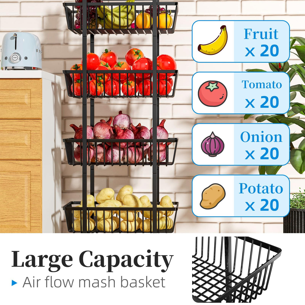 Simple Trending 4 Tier Rolling Fruit Vegetable Basket Cart, Black
