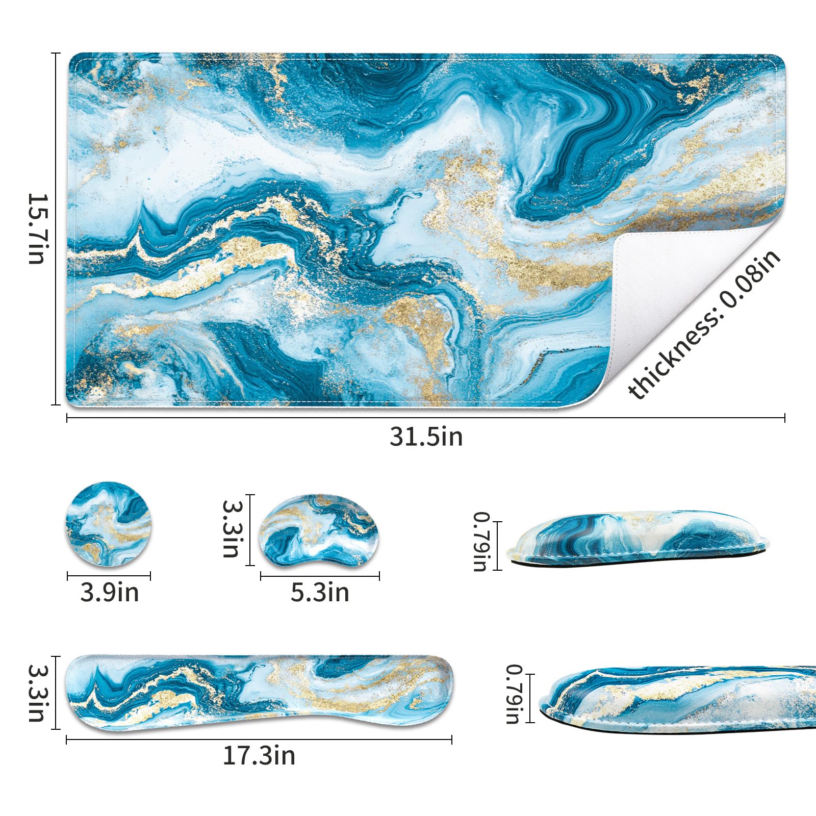 QiyI PU Leather Desk Mat Set, 4-in-1 Ergonomic Wrist Rest, Blue Fluid Art