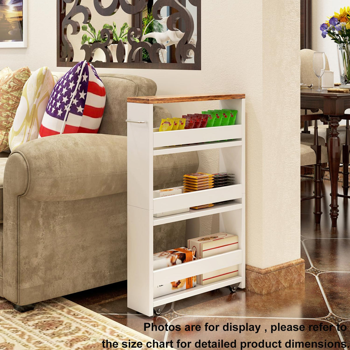 TEAMIX Slim Rolling Storage Cart, Wood 4-Tier Narrow Kitchen/Laundry Cart
