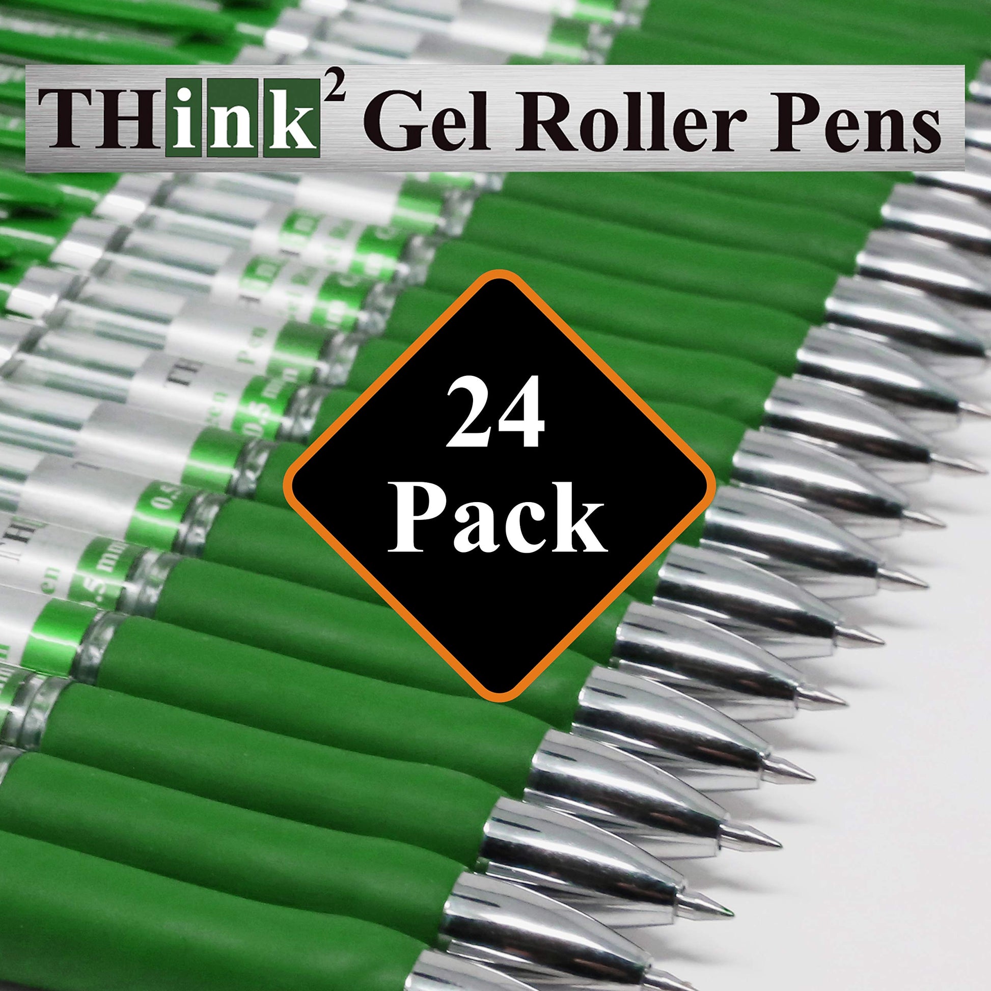 [24 Pens - Green Ink] Think2 Retractable Gel Pens. (24 Green) Fine Point (0.5mm) Rollerball Pens