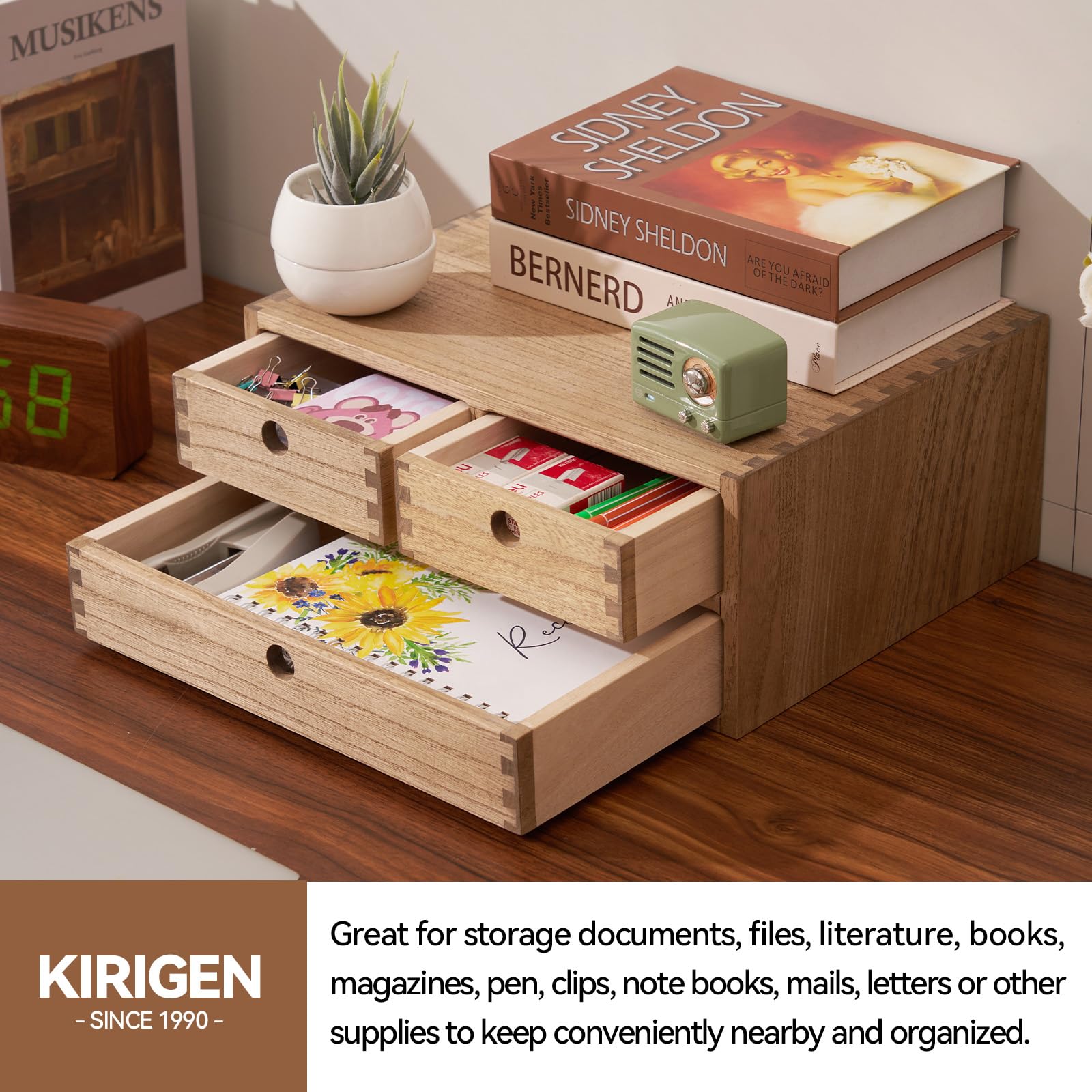 KIRIGEN Wood Desk Organizer with 3 Drawers, Desktop Storage Brown 23-DBR