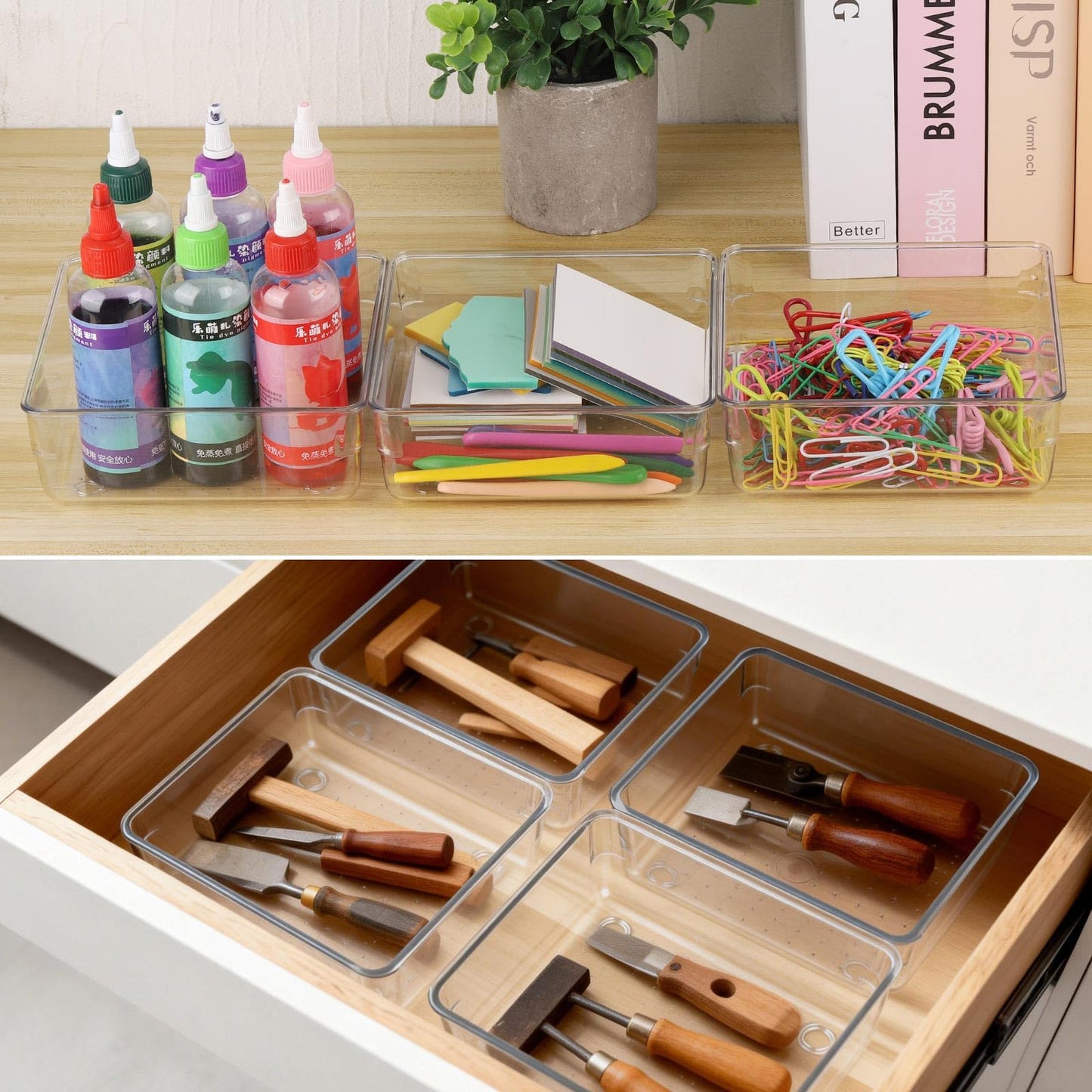 Ohlove 6 Pcs Large Clear Plastic Drawer Organizers Tray 6" x 6" Storage Bins with 25 Pcs Non-Slip