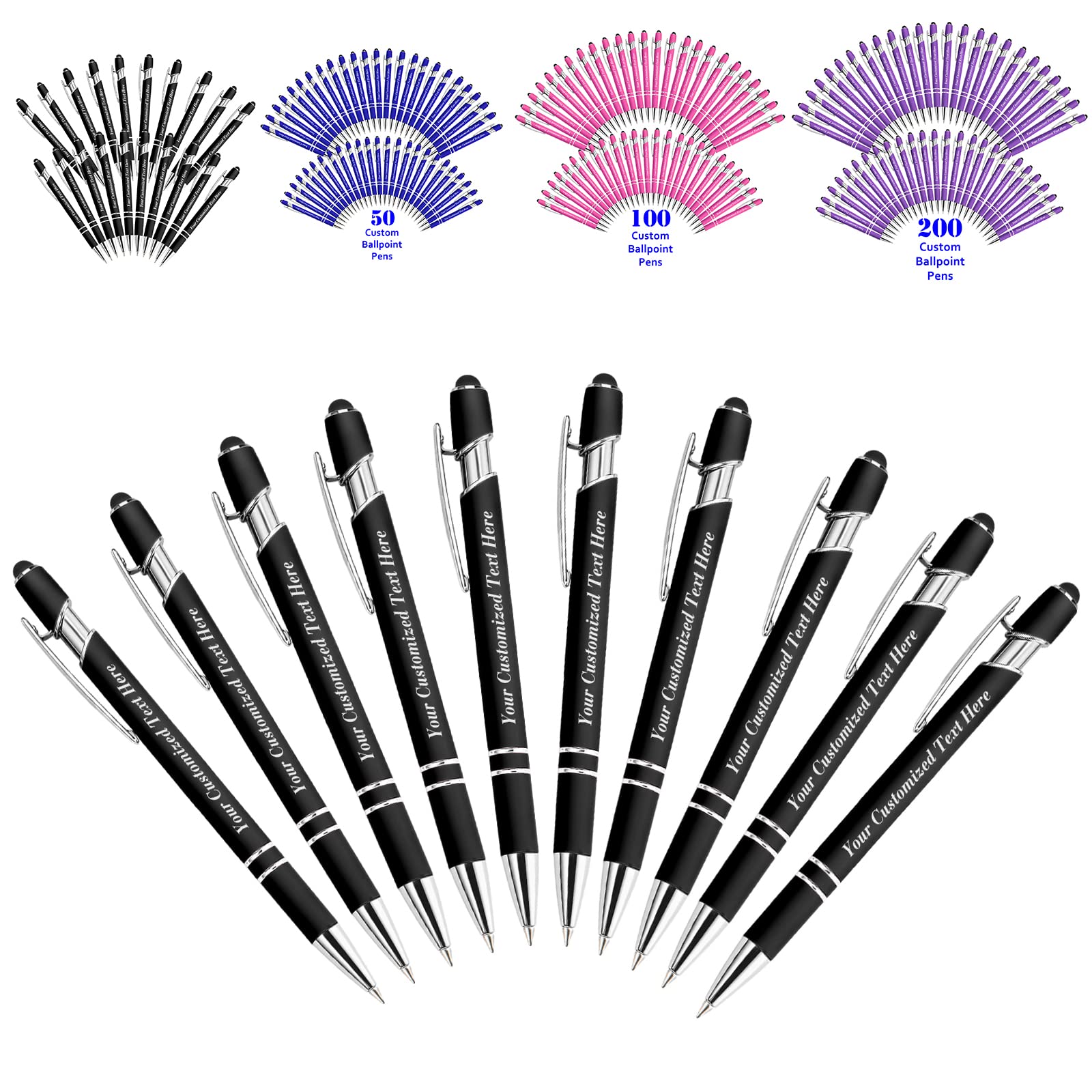 10 Pcs Personalized Pens in Bulk with Stylus Tip - Custom Print with Name 0.5 mm Soft Touch Medium